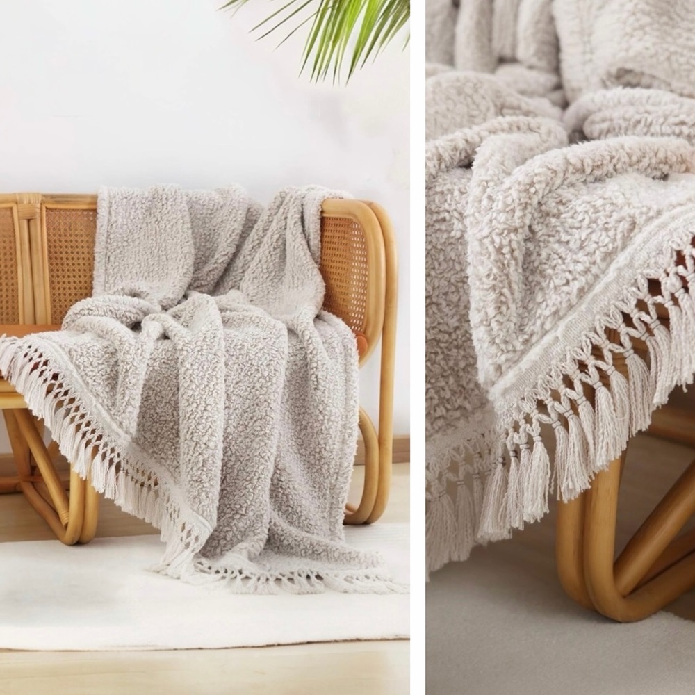 NEW West Elm Beige Sherpa Tassel Fringe Boho Cozy Knit Throw Blanket - 50" x 60"
